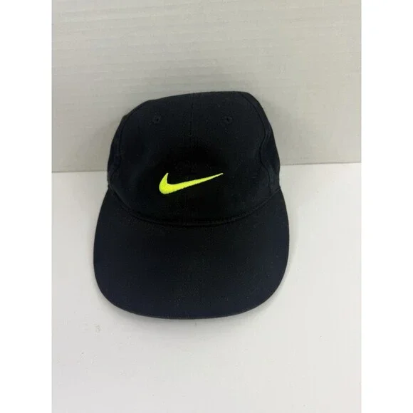 Nike Cap Kids Size 4-7 Black Embroidered Neon Swoosh Adjustable Cotton Hat