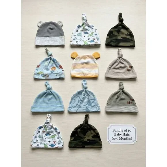 Bundle of 10 Baby Hats newborn-9m in Mixed Patterns and Colors