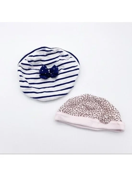 LOT of Two Baby Hats Beret by Le Top Pink Cheetah Print Cap Casual Infant Girl