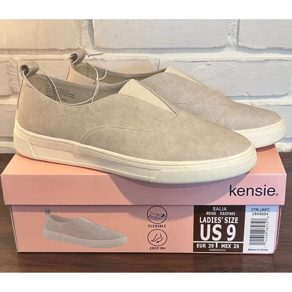 NWT Kensie Salia Beige Textile Slip On Sneakers Women Size 9 Low Top Shoe Casual