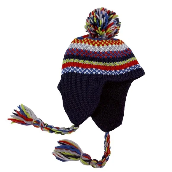 LL Bean Kids Navy Blue Striped Knit Trapper Hat Pom Pom Fleece Lined Small / Med