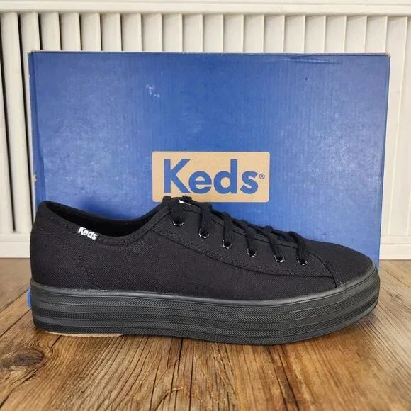 Keds Triple Kick Organic Cotton Platform Shoes Womens Sz 8 Black Canvas WF64855