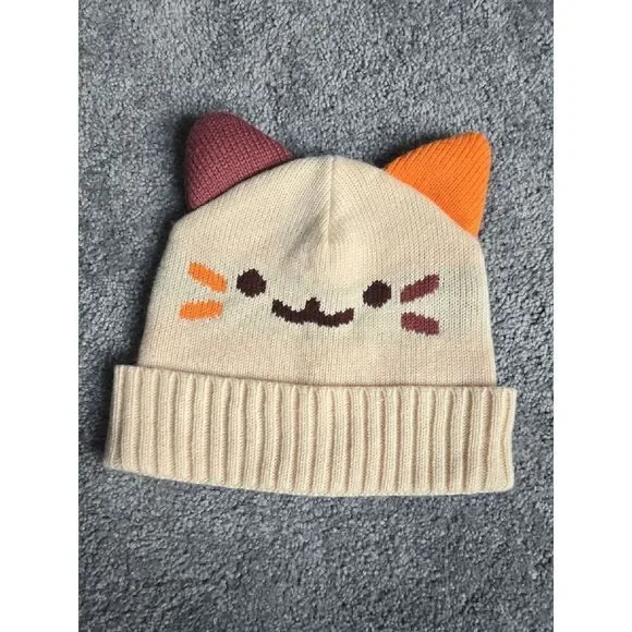 Cute Cat Ear Beanie Cream Knit Hat Kawaii Cozy Winter Cap
