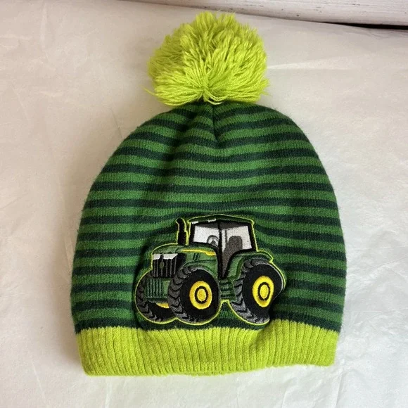 John Deere Beanie‎ Hat Toddler Tractor Patch Green Stripe Pom-Pom Fleece Lined