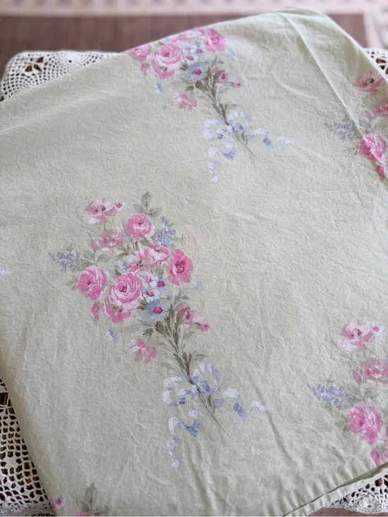 Simply Shabby Chic light green Pink Roses Floral Shower Curtain Cotton Cottage