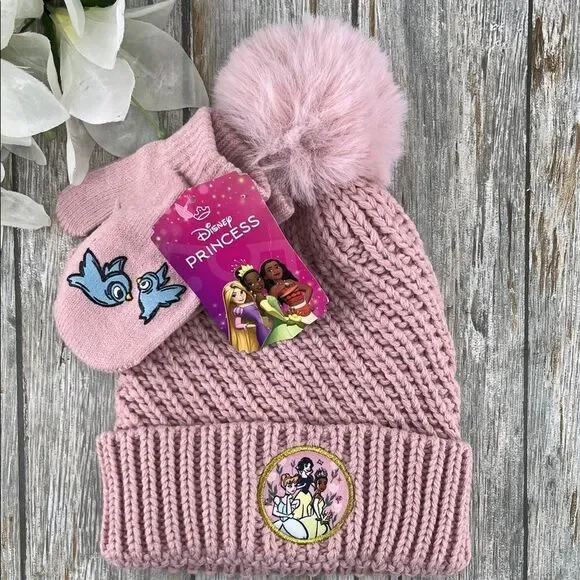 Baby Toddler Disney Princess Pink Knit Beanie and Mittens Set