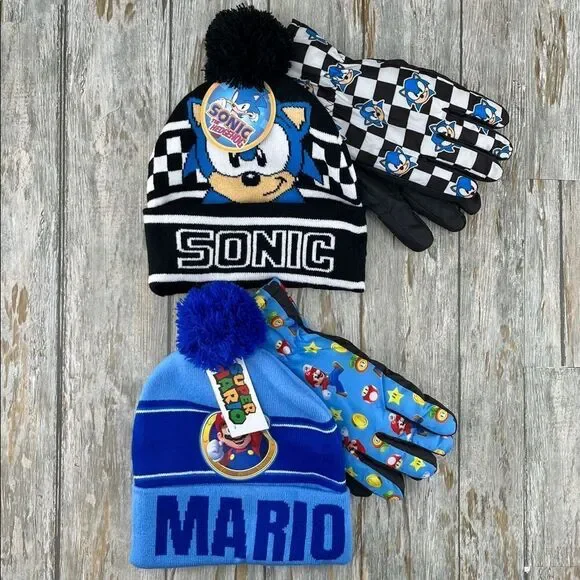 Super Mario & Sonic The Hedgehog Beanie Hat & Gloves 4-Piece Set