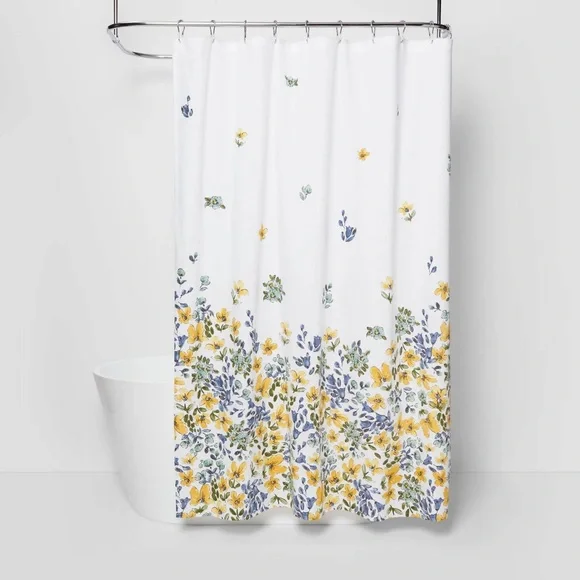 Threshold Botanical Shower Curtain with Blue Yellow Green Floral Accents EUC