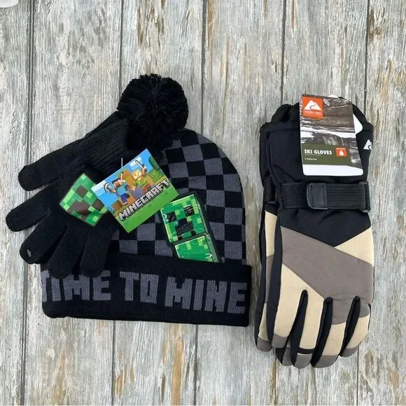 Minecraft Beanie Hat Knit & Ski Gloves 3-Piece Set