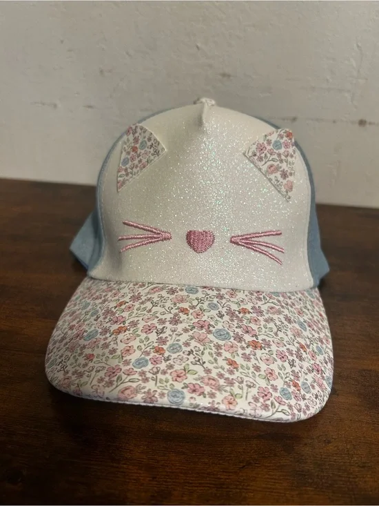 Capelli New York Toddler Girls Cat Face Glitter Floral Denim Baseball Hat 2T-4T