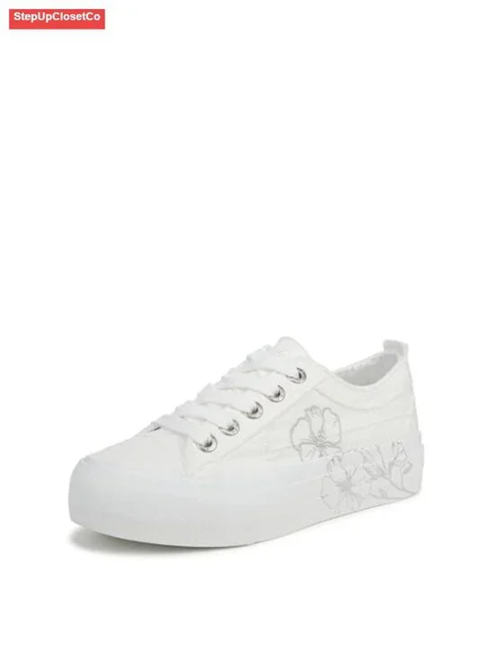Women's Platform Canvas Sneakers Lace-up Low-top Floral Embellished