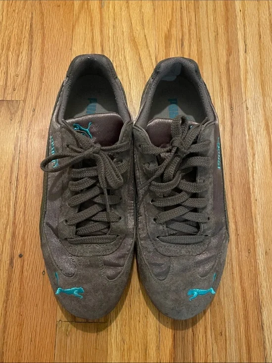 Puma Gray Suede Speedcat Sneakers with Teal Accents