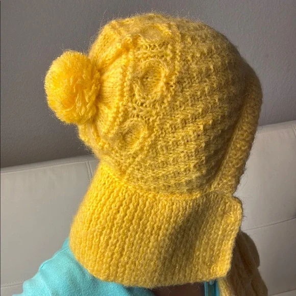 Cozy Yellow Knit Pom-Pom Hat & Mittens Set for Kids