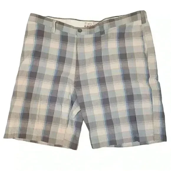 𝅺Perry Ellis America Men's White/Blue Plaid Cotton Flat Front Chino Shorts