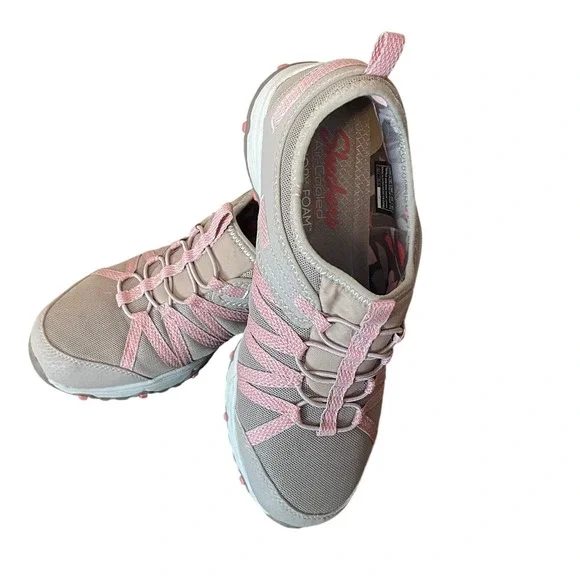 Skechers Air-Cooled Memory Foam‎ Sz 8 Taupe Pink Slip On Bungee Sneakers 158040