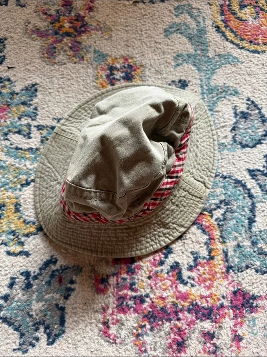 Reversible Kids Bucket Hat in Olive with Red Plaid Trim