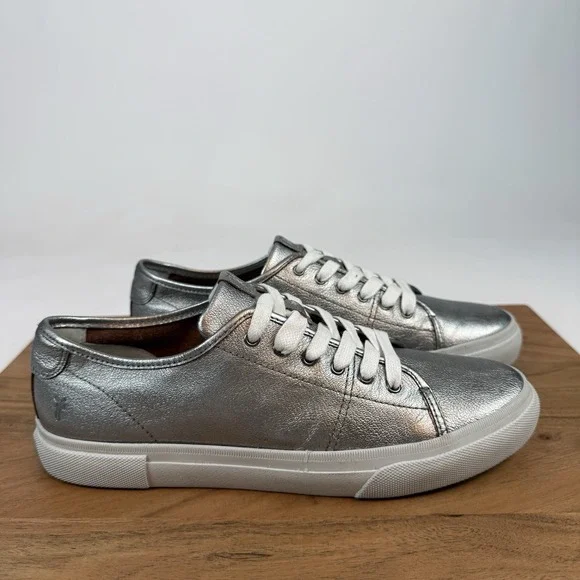 New Womens Frye Gia Pewter Metallic Leather Sneakers Shoes Size 9 M‎