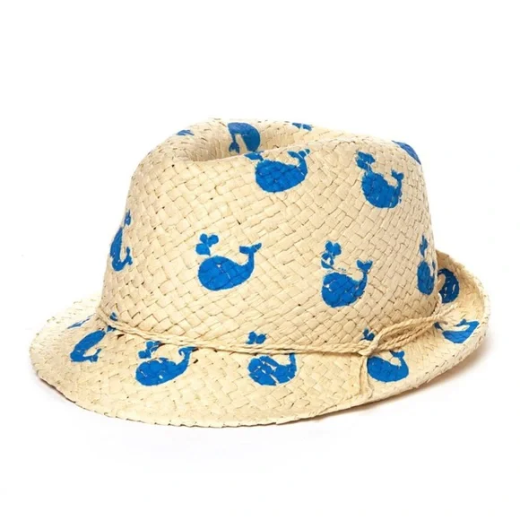 David and Young Natural Straw Kids Fedora Bright Blue Whale Print Casual NWT