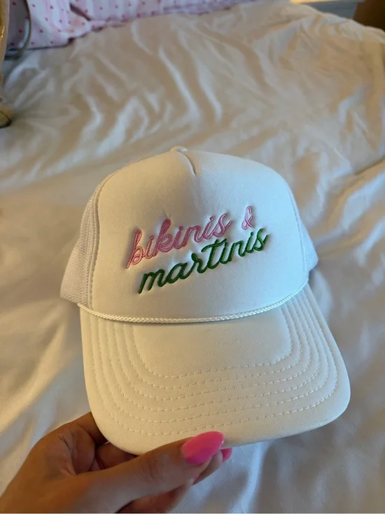 White Kids Trucker Hat with Pink & Green 'bikinis & martinis' Embroidery