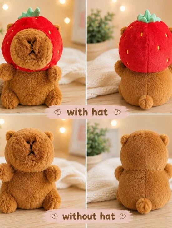 Plush Brown Capybara Plushie Keychain with Red Strawberry Hat