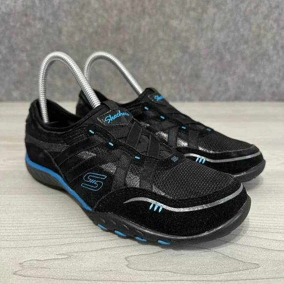 Skechers Relaxed Fit Sneakers Womens 6 Black Blue Bungee Slip On‎ Memory Foam