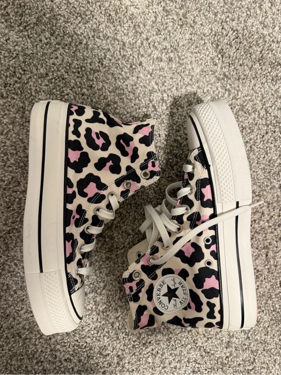 Converse Cream Canvas High-Top Sneakers with Pink and Black Leopard Print
