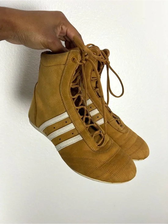 adidas Prajna Tan High-Top Lace-Up Sneakers with White Stripes Boxing Style
