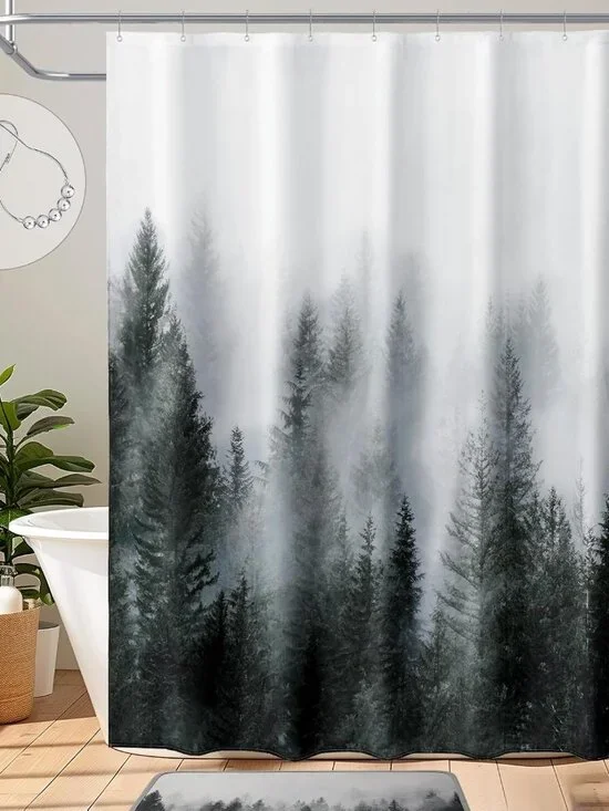 Dark Green Misty Forest Shower Curtain Woodland Pine Tree Bath Curtain