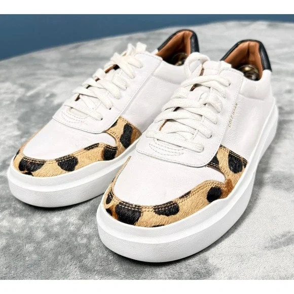 Cole Haan Grand Sneakers Womens 7.5 White Leopard Calf Hair Platform