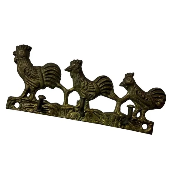 Vintage Solid Brass Rooster Key Rack 3 Hook Wall Mount Farmhouse Decor