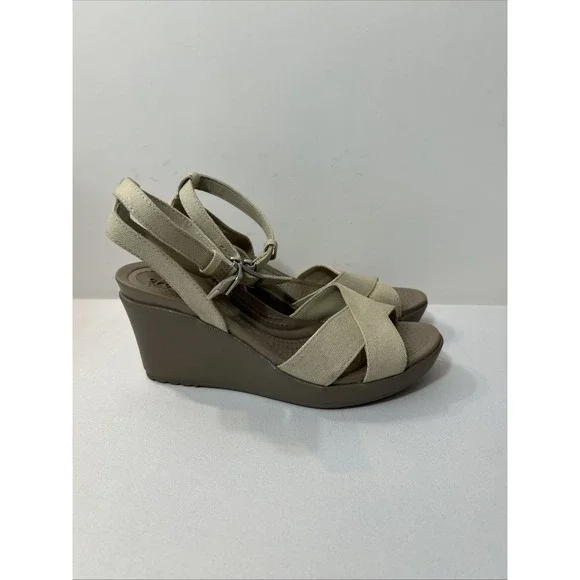 Crocs Women's Sz 6 Leigh II Cross Ankle Strap Wedge Sandals Beige Canvas Comfort