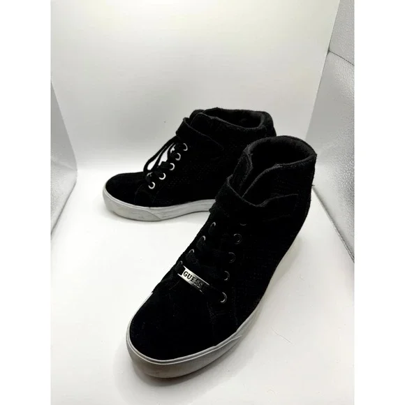 Guess Decia Womens 9.5 M Sneakers Black Leather Lace Up Wedge Fashion Shoes‎