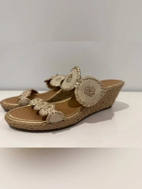 Jack Rogers Beige Wedge Sandals with Decorative Medallions - Women's Slip-On