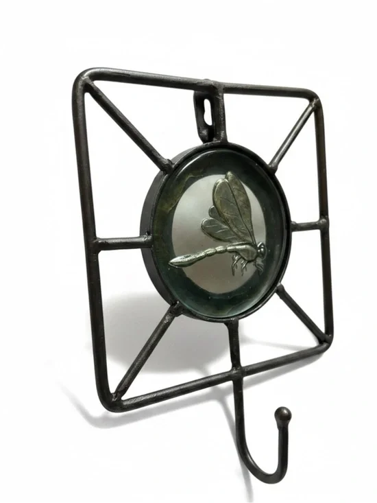 Rustic Dragonfly Print Under Glass Cast Iron Wall Hook Accent Foyer Garden Bath
