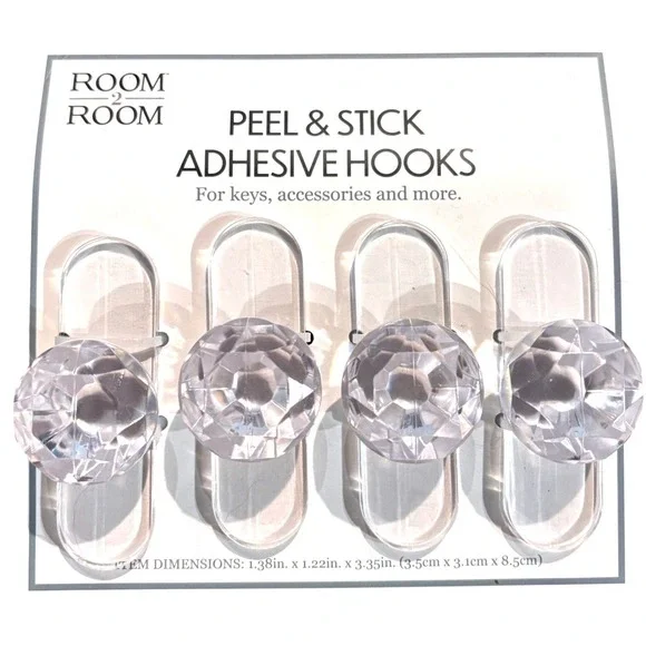 Room 2 Room 4 Pack‎ Peel & Stick Adhesive Hooks Faux Crystal Clear Acrylic Knobs