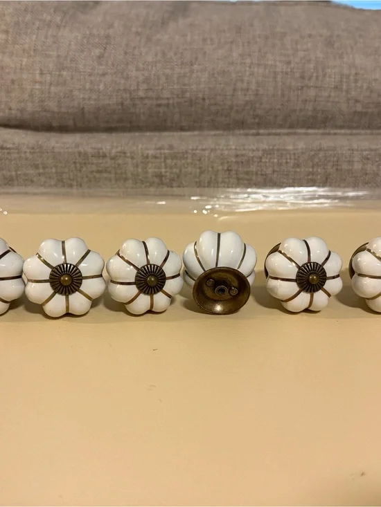 White Ceramic Pumpkin Cabinet Knobs with Antique Brass Accents - 8pcs