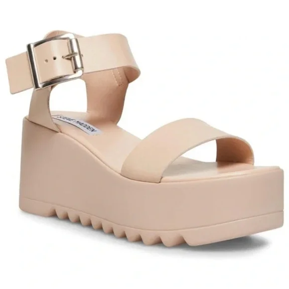 Steve Madden Blush Leather Wedges with Chunky Platform and Ankle Strap