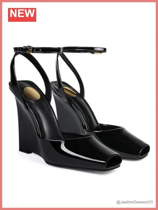 Patent Leather Square Open Toe Wedge Sandals Women Buckle Ankle Strap Slingback