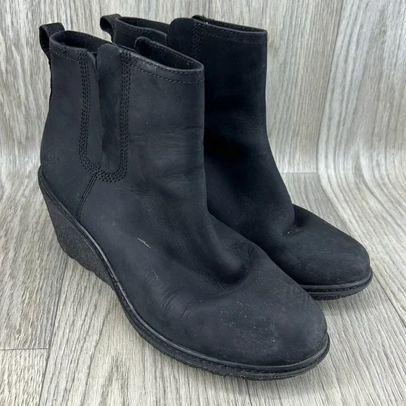 Timberland Amston Chelsea Pull On Leather Black Wedge Boots Women