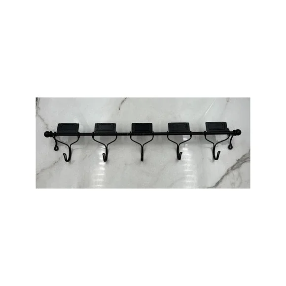 Black Metal Wall Mounted Coat Rack 5 Sliding Hooks with Label Holders 24 Inch
