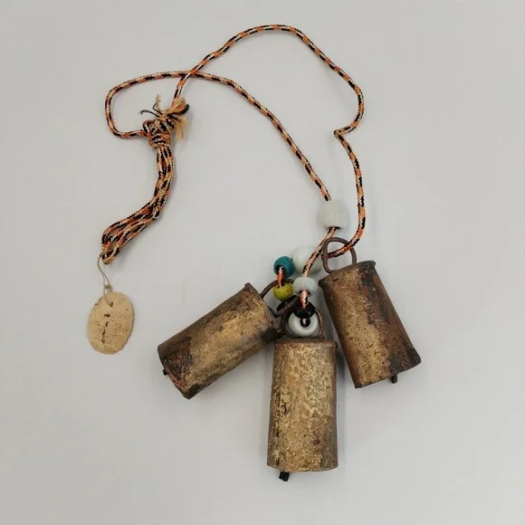 Vintage‎ Rustic Harmony Cow Bells Cluster Set of 3 Brass Iron Boho Hanging Cord
