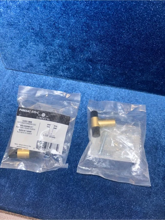 NWT “Liberty” (2) Matte Black & Modern Gold Fluted cabinet T-Knob. 1-1/4”(32mm)