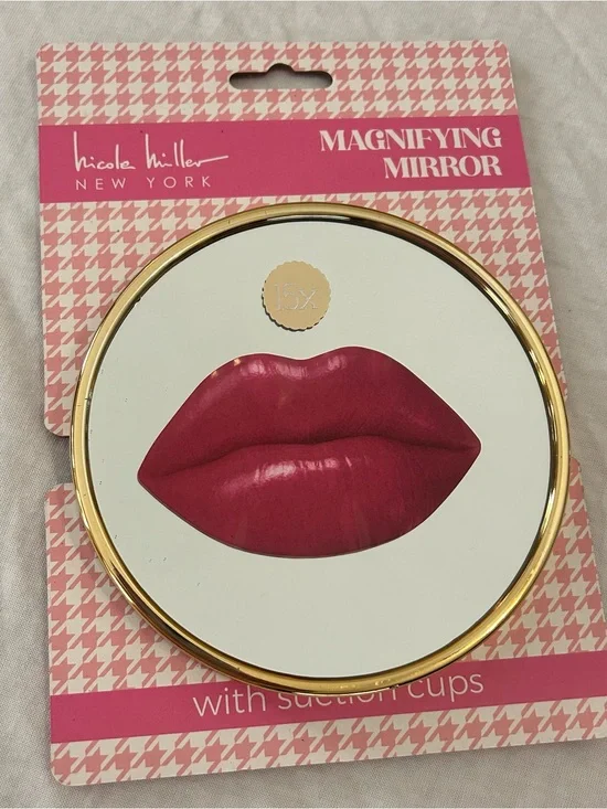 Nicole Miller Gold-Trim Magnifying Mirror with Hot Pink Lip Motif