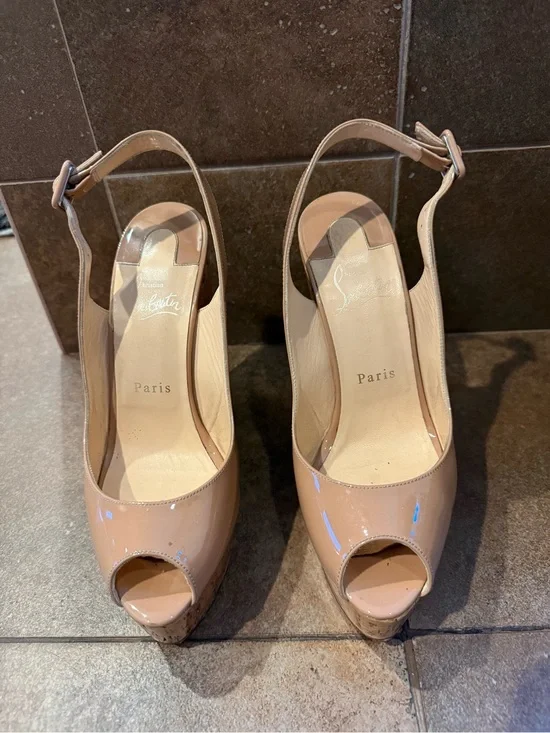 Christian Louboutin Nude Patent Peep-Toe Slingback Wedges
