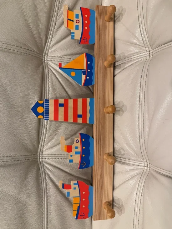 Wooden Nautical Wall Hook Rack in Blue, Red and Yellow