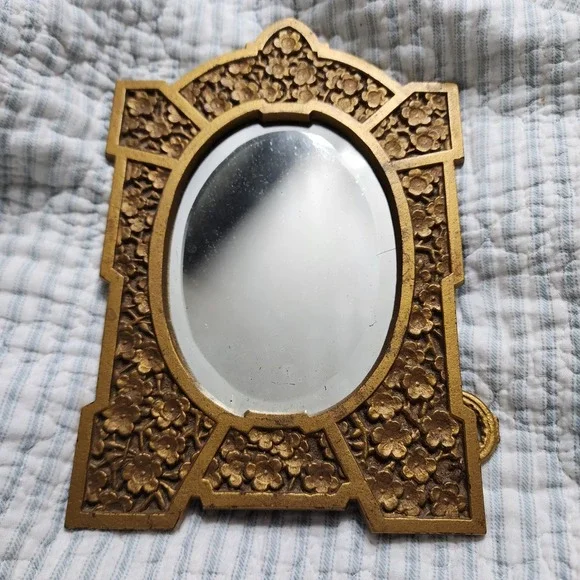 Vintage Gold Cast Metal Floral‎ Tabletop Mirror Ornate Beveled Oval Easel 9432