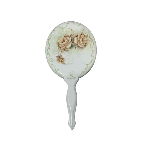 Vintage D. Smith Signed Hand Painted‎ Ceramic Rose Floral Vanity Mirror White