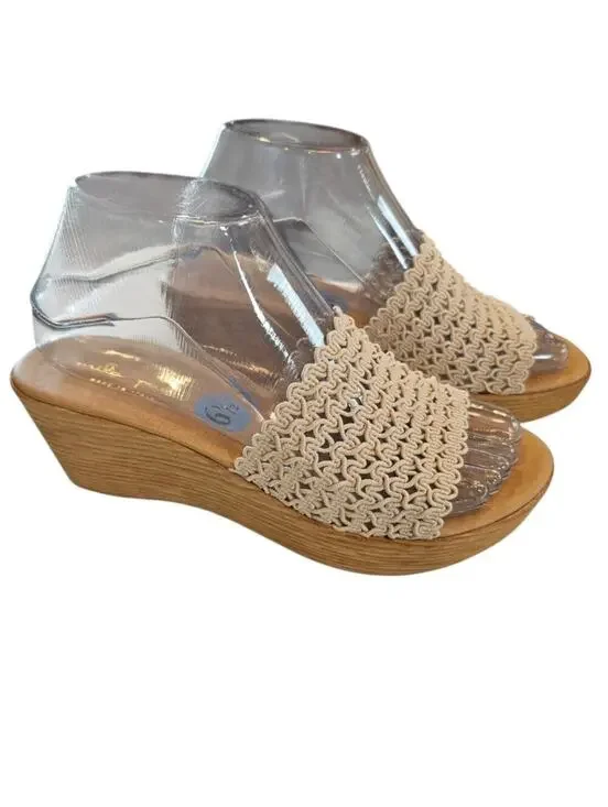 Mila Paoli Cream Colored Woven Rafia Classic Wooden Style Wedge Heel Sandal