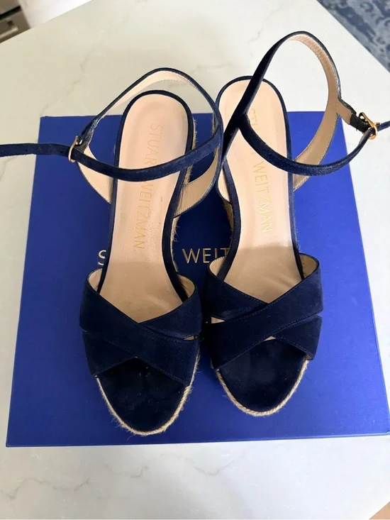 Stuart Weitzman Navy Suede Crisscross Ankle‑Strap Espadrille Wedges
