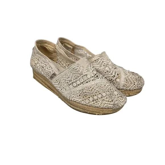 BOBS From Skechers Shoes Womens Size 7.5‎ Beige Crochet Espadrille Wedge Flat